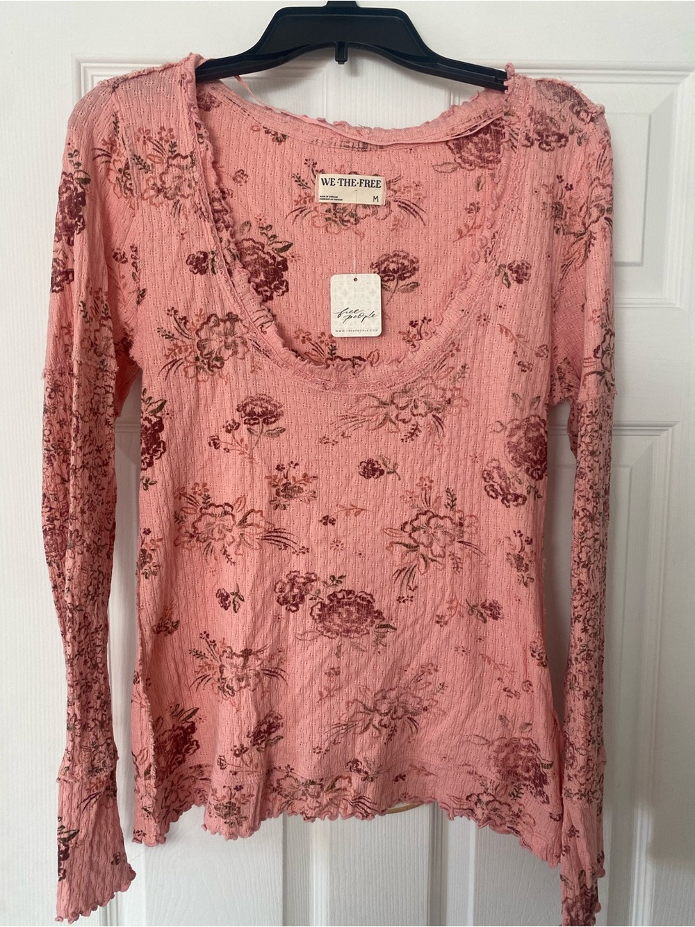 Free People Pink Floral Scoop Neck Long Sleeve Top